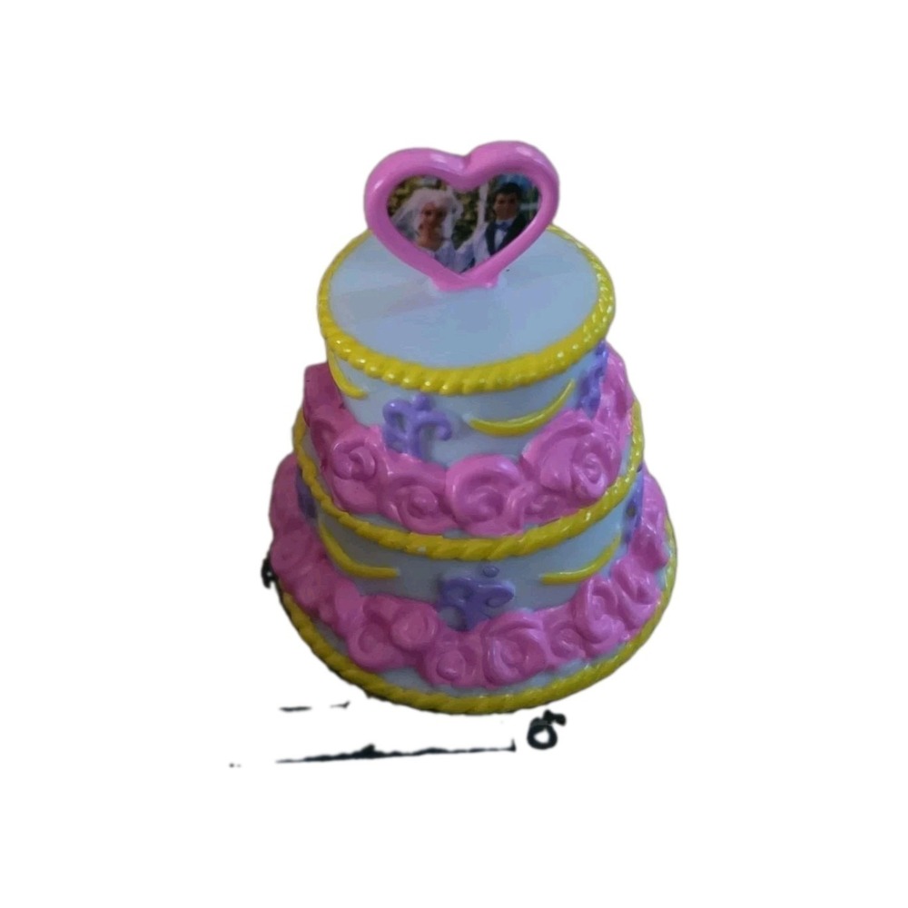 Vintage Barbie Mini Wedding Cake 2 Tier W/Barbie/Ken Picture Heart Topper 2"T